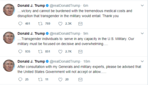 transgenders in military President Trump's tweets from morning of July 26, 2017 about transgenders in military.