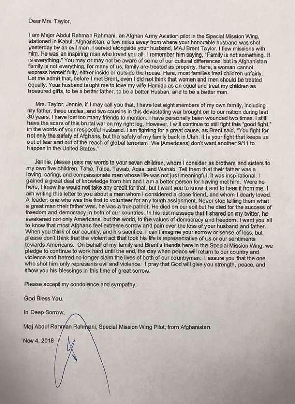 Maj Abdul Rahman Rahmani sent a letter to the family of Major Brent Taylor after he was killed in an insider attack in Afghanistan.